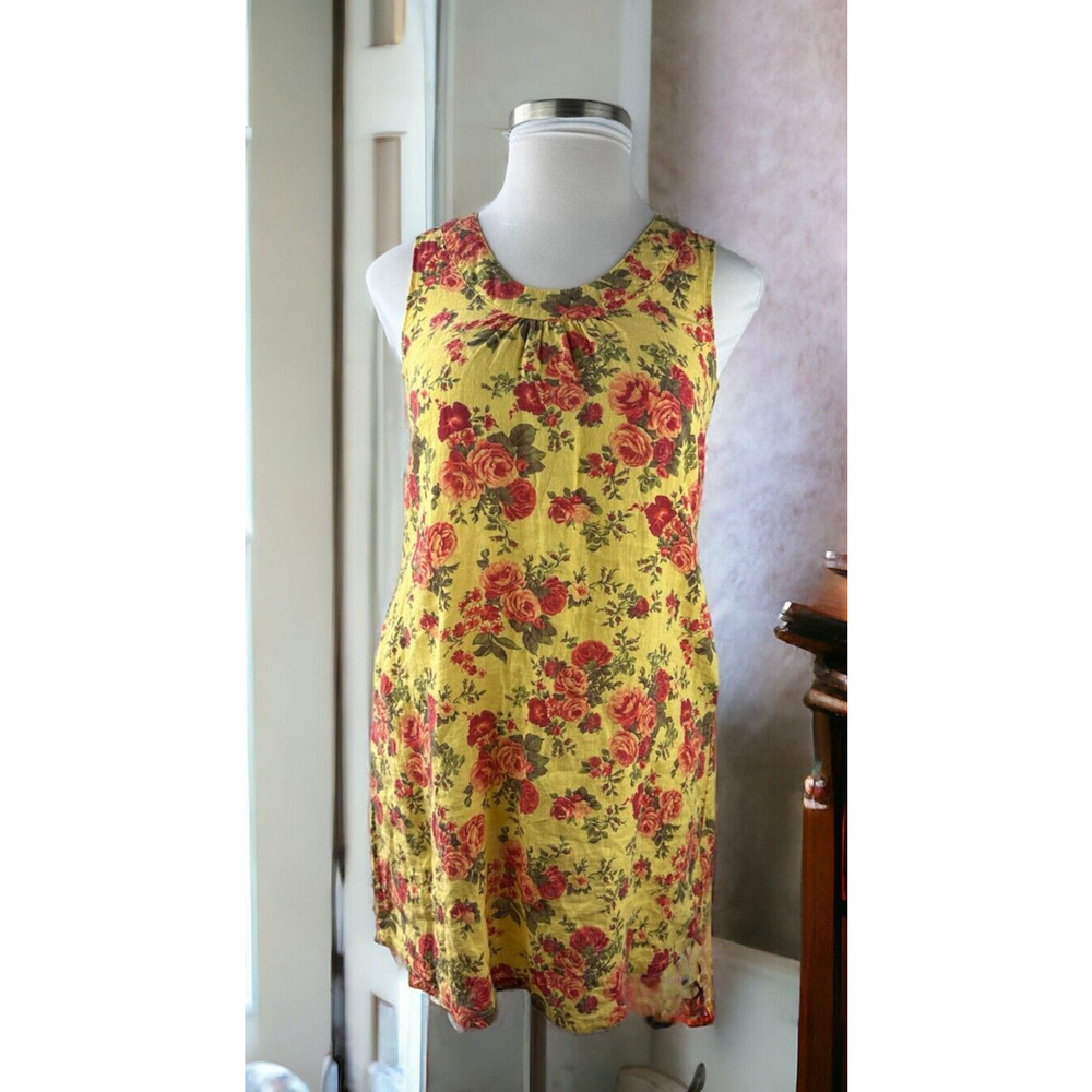 FLAX 100% Linen Shift Dress Floral Yellow Sleeveless Women's Size P Petite - Picture 12 of 12